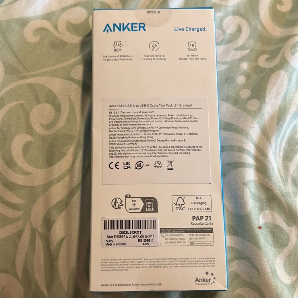 Brand new. Never been used Anker 310 USB C-cable two pack (6ft braided)